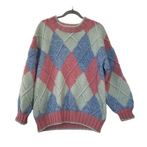 Vintage handmade Wool sweater pullover argyle Diamond pink green blue large